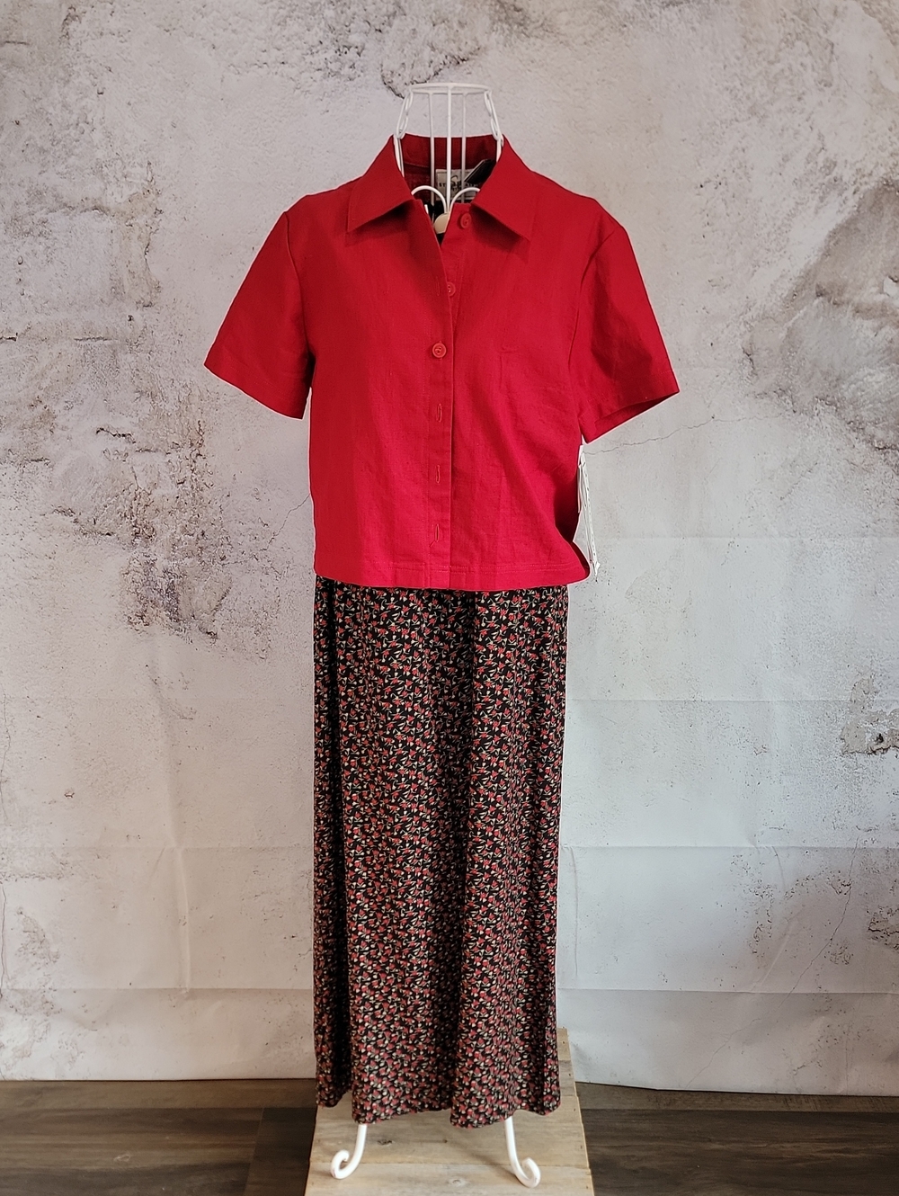 Vintage Studio Ease 2- Piece Floral Maxi Dress W/ Red Top 90s Womens Size 8 NWT